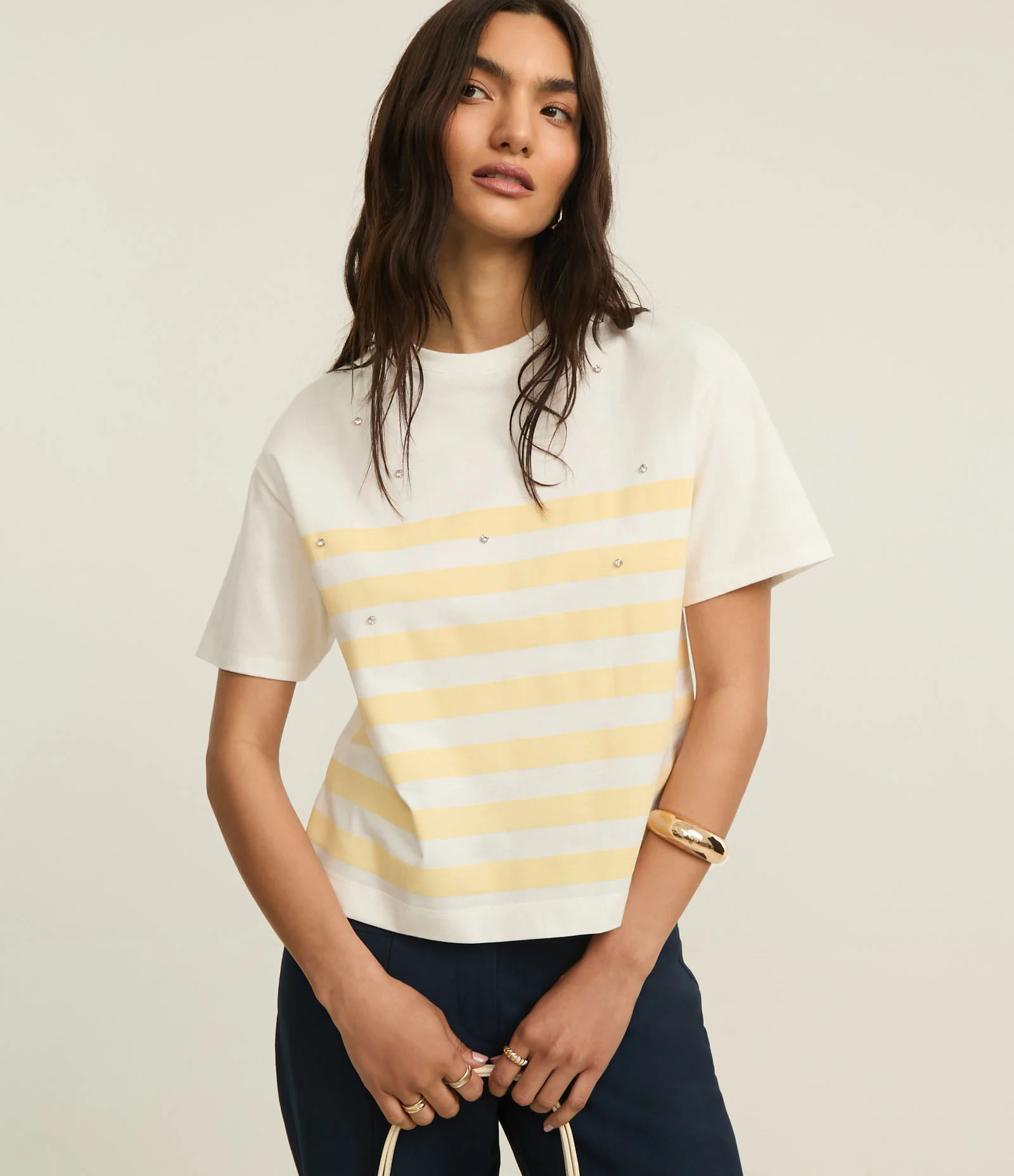 Camiseta Listrada em Algodão com Pedras de Strass Amarelo/Branco 1
