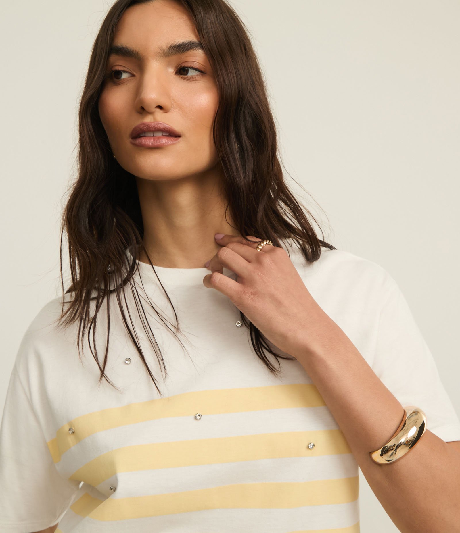 Camiseta Listrada em Algodão com Pedras de Strass Amarelo/Branco 4