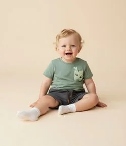 Camiseta Infantil com Bolsinho de Dinossauro - Tam 0 a 18 Meses