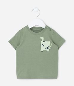 Camiseta Infantil com Bolsinho de Dinossauro - Tam 0 a 18 Meses