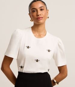 Blusa em Algodão com Manga Bufante e Abelhas Bordadas