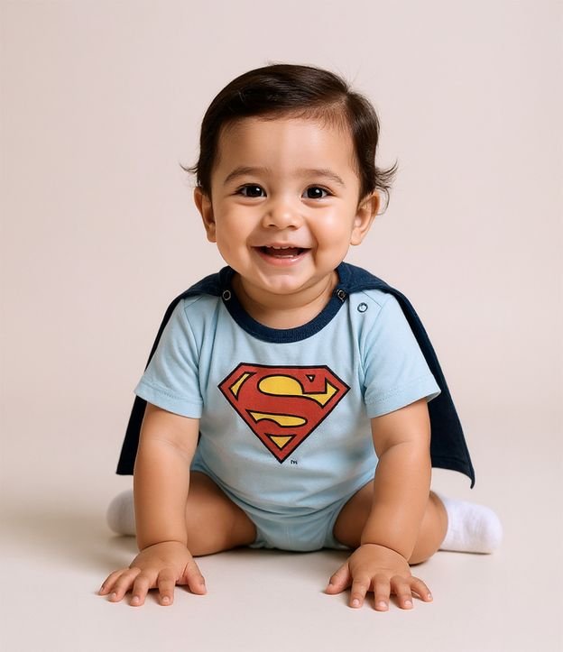 Body Infantil com Estampa Super Homem e Capa - Tam 0 a 18 Meses