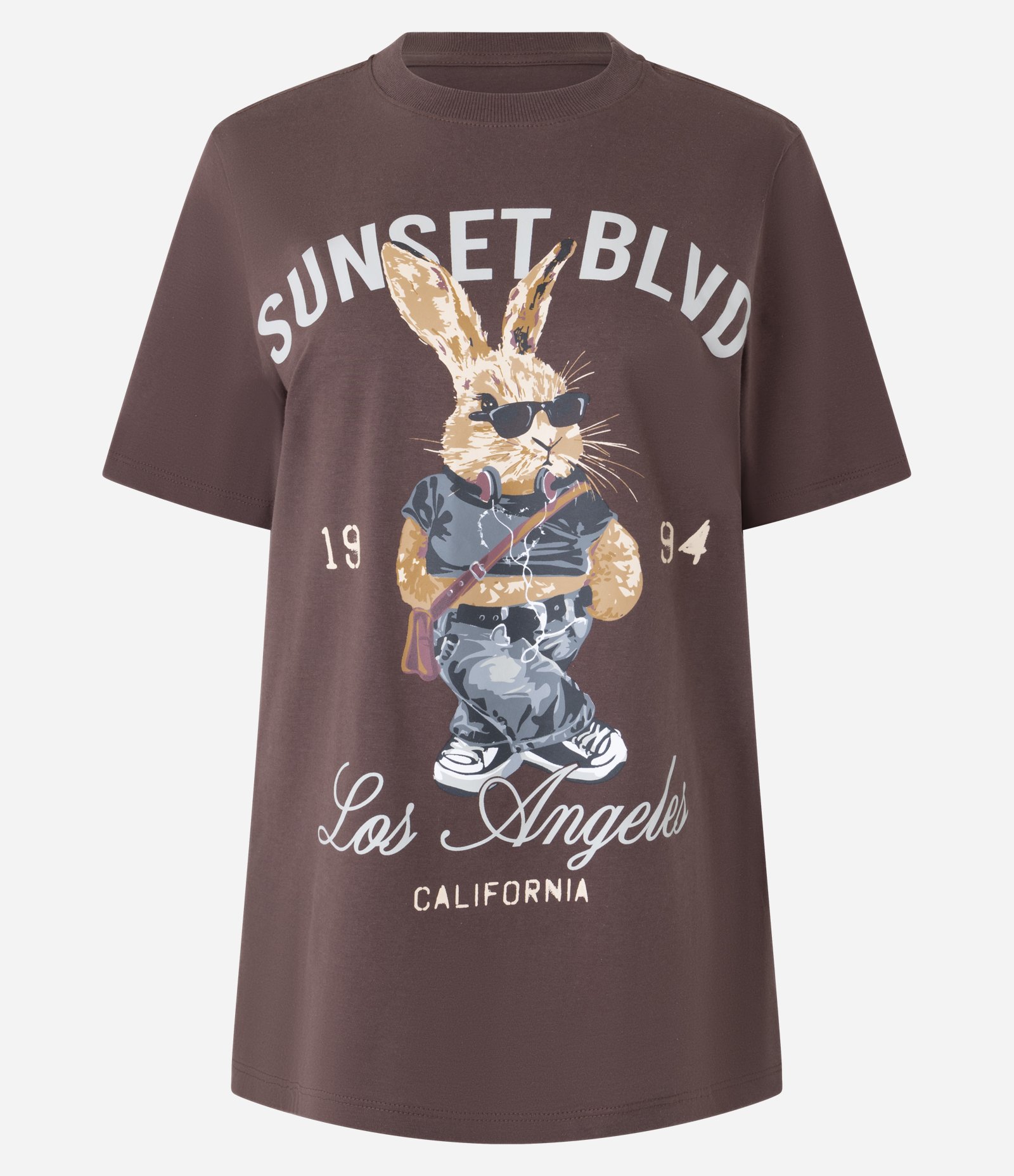 Camiseta Alongada em Algodão com Estampa Coelho Marrom 5