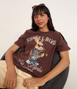 Camiseta Alongada em Algodão com Estampa Coelho