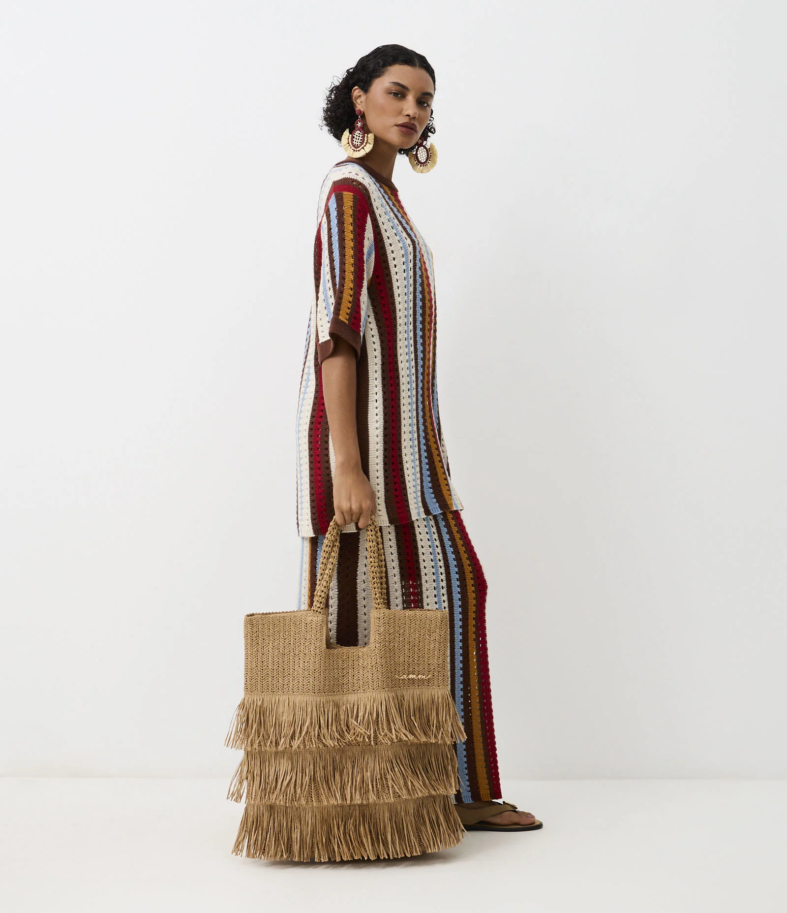 Bolsa de Praia de Palha com Franjas Bege 2