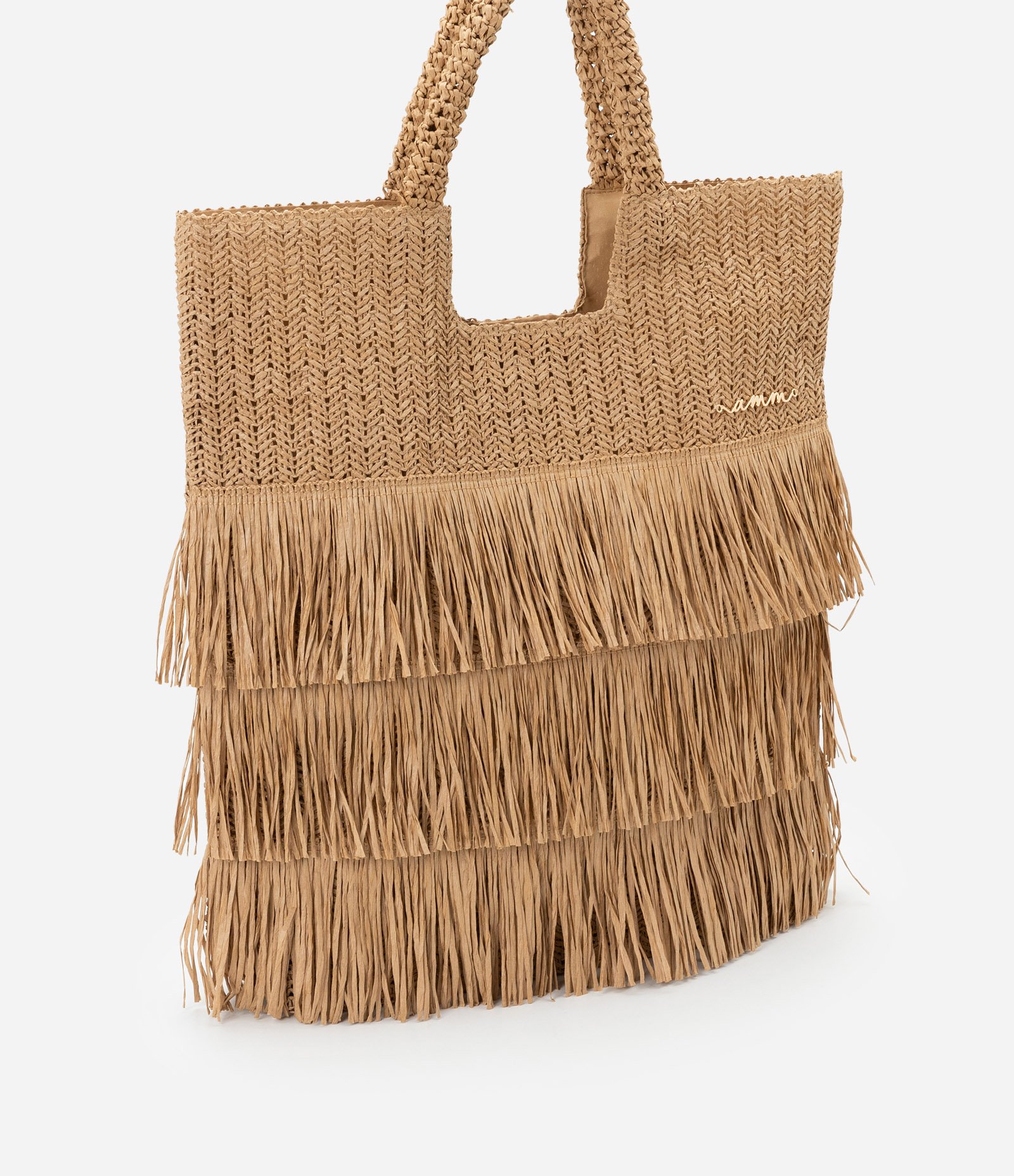 Bolsa de Praia de Palha com Franjas Bege 3