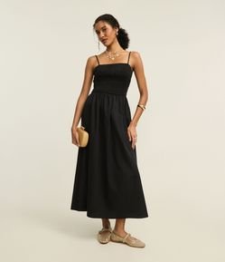 Vestido Evasê em Tricoline com Alça Fina e Lastex