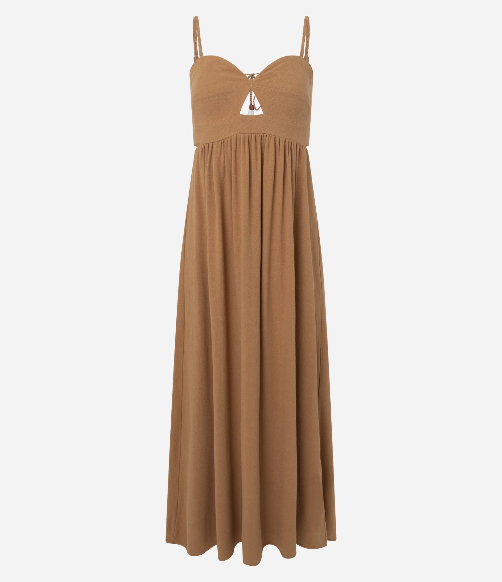 Vestido com Alça Fina com Detalhe Cut Out Abaixo do Busto Marrom 1