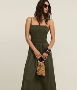 Vestido Evasê em Tricoline com Alça Fina e Lastex