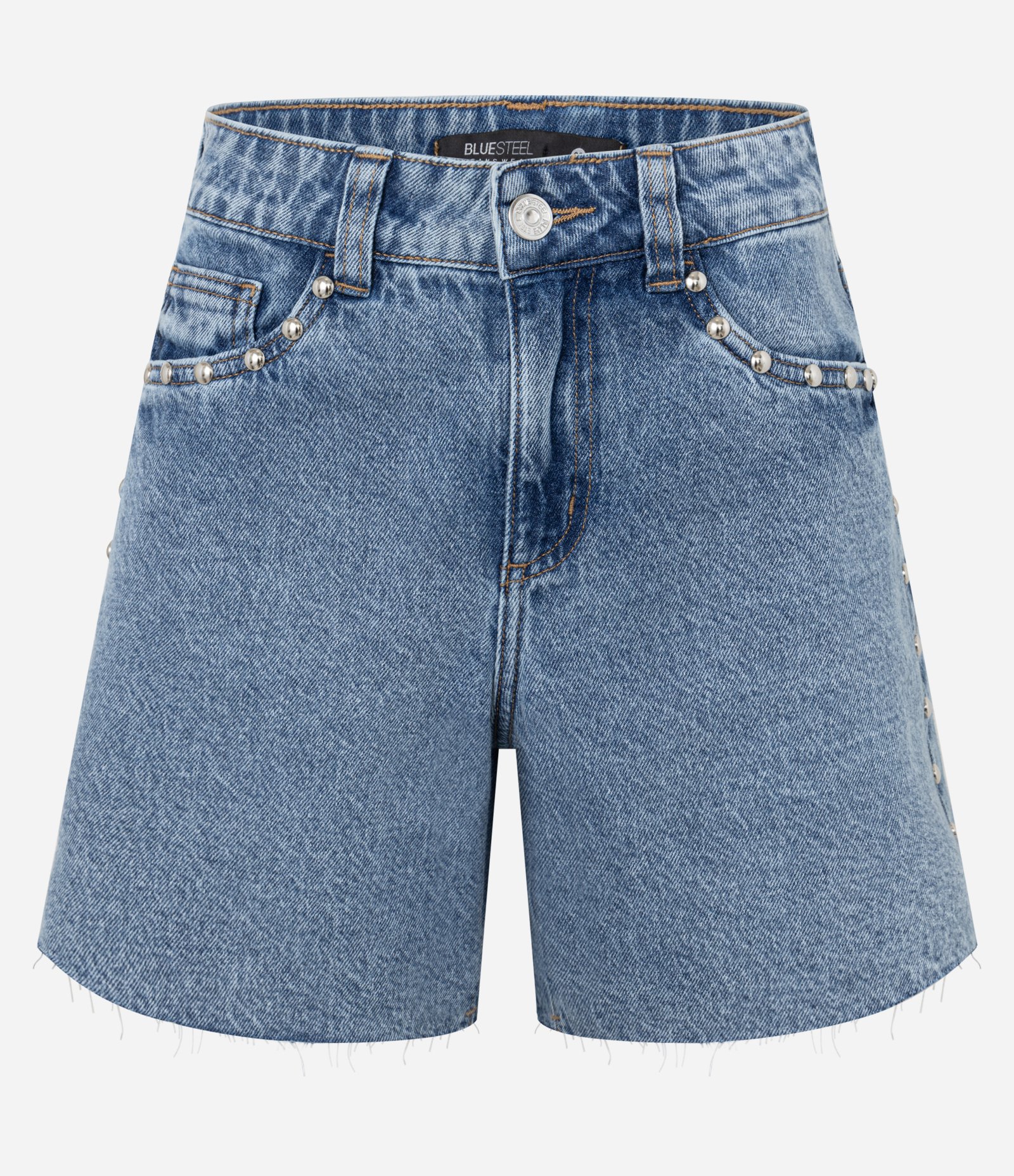 Short Cintura Médio em Jeans com Tachas e Barra Cortada Azul 5