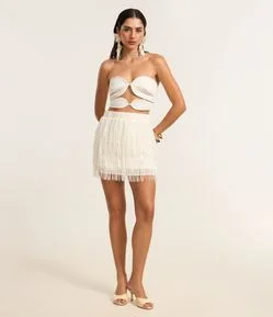 Saia Curta Ajustada em Chiffon com Franjas
