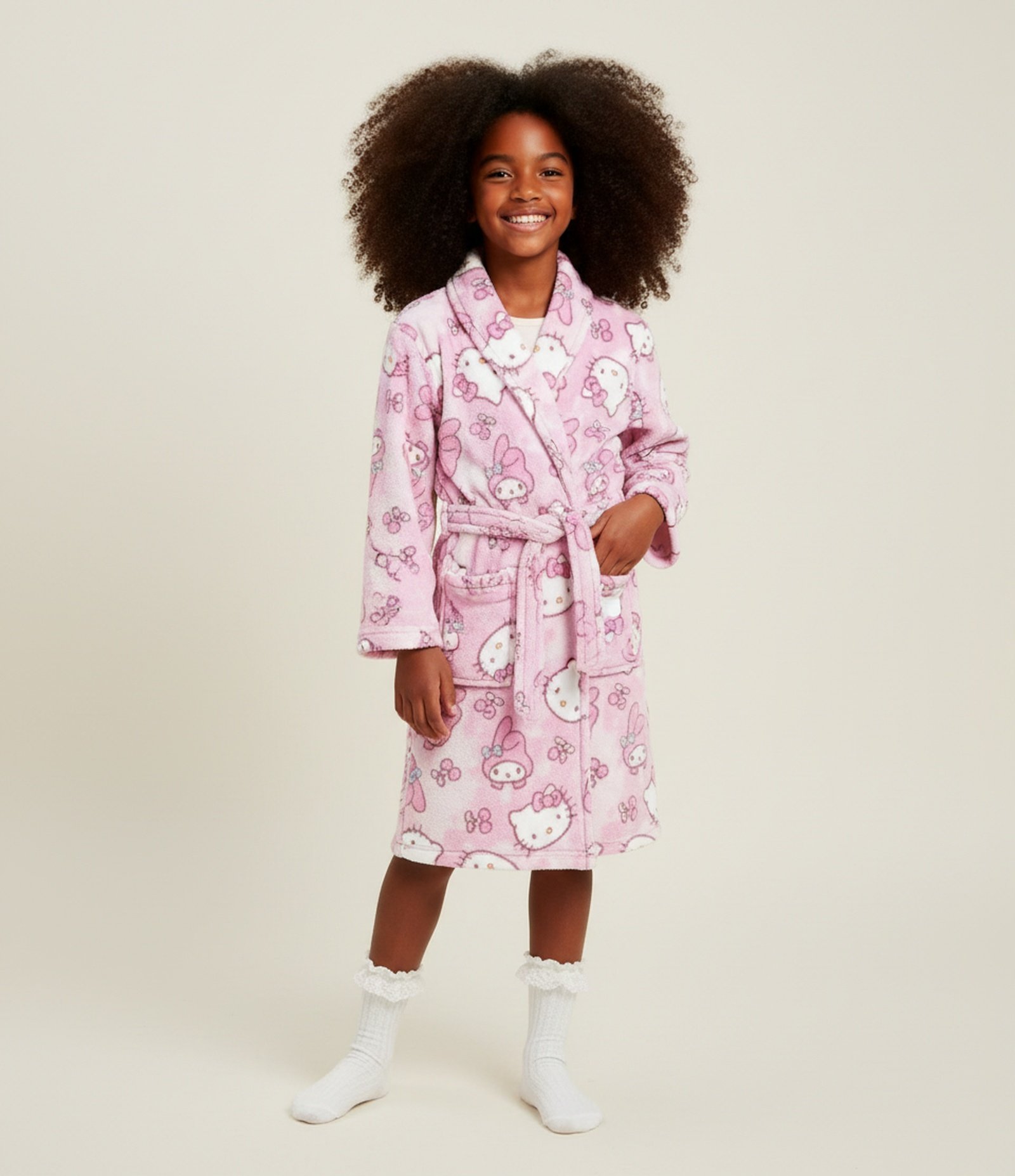 Roupão Infantil em Fleece com Estampa Hello Kitty e Cinto – Tam 5 a 16 Anos Rosa 1