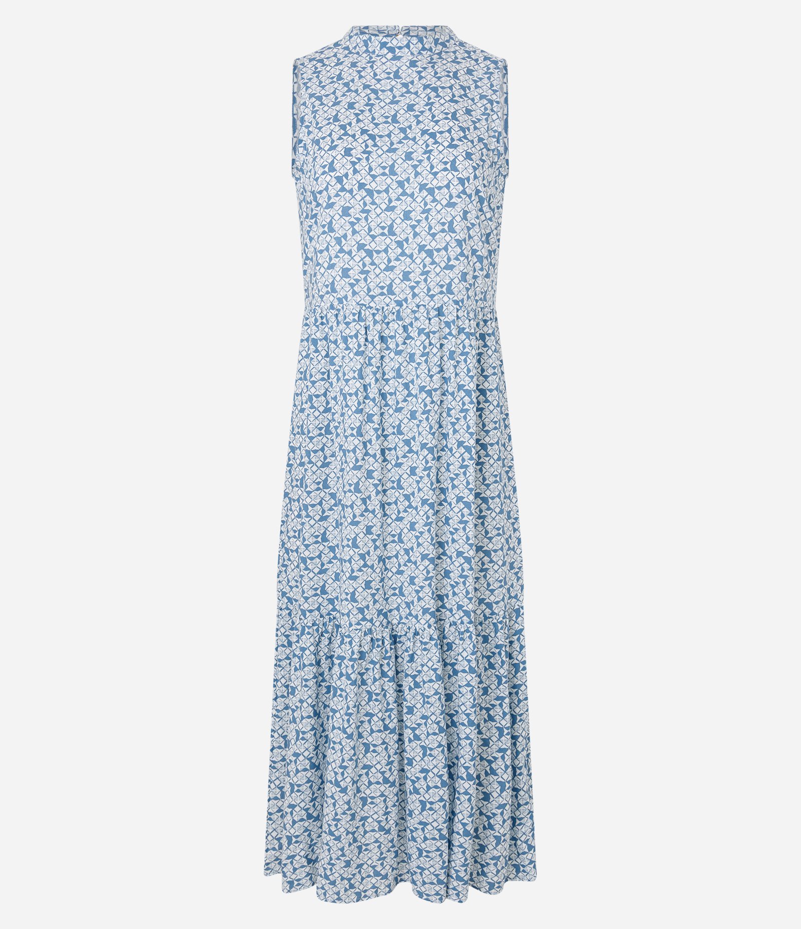 Vestido Evasê Longo em Viscose com Estampa Geométrica Azul/Branco 6