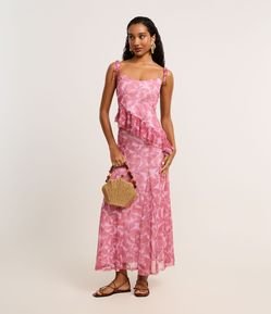 Saia Reta Midi em Tule com Nesgas e Estampa Floral