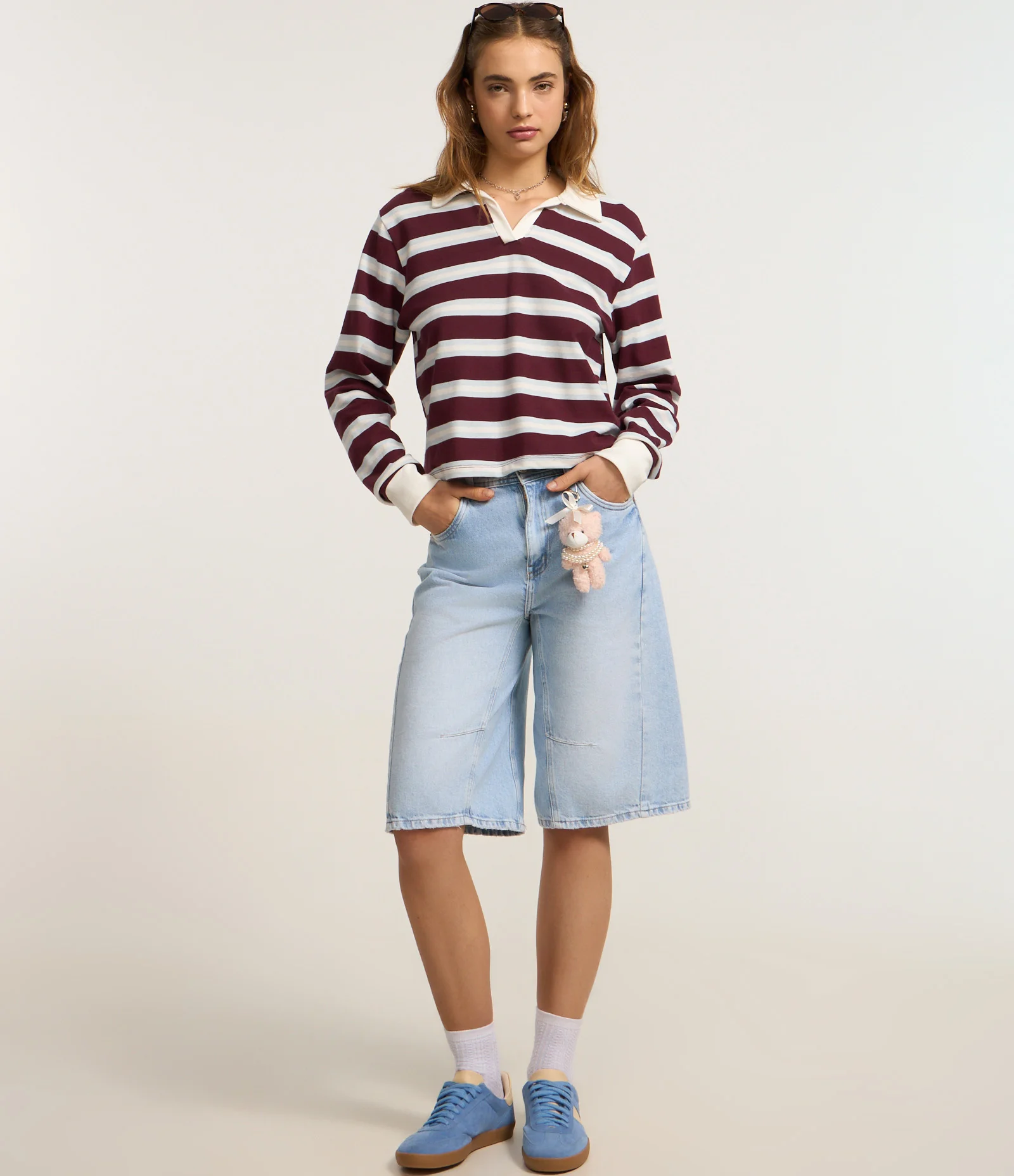 Blusa Polo em Algodão com Estampa Listrada Vinho/Branco 2