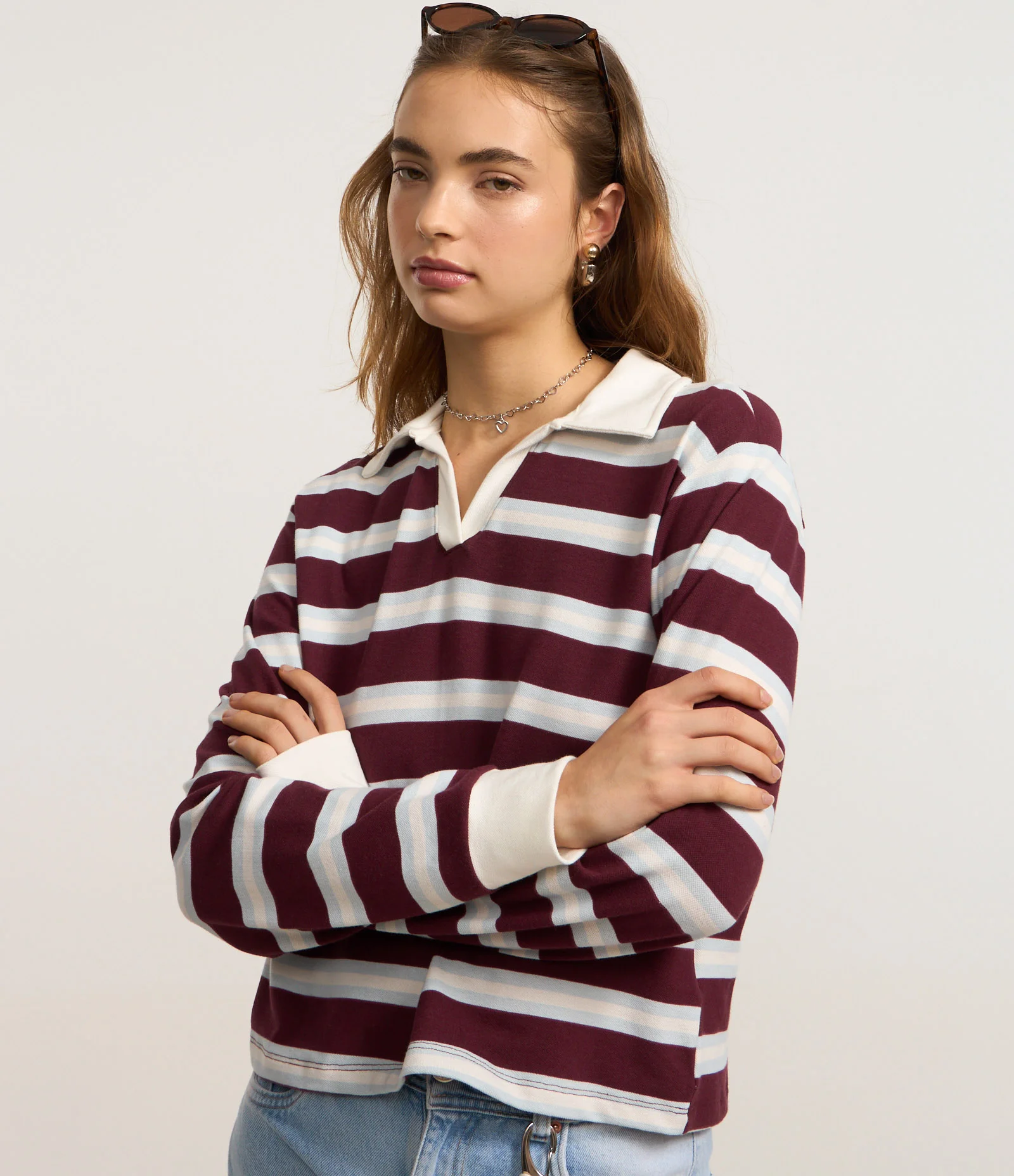 Blusa Polo em Algodão com Estampa Listrada Vinho/Branco 3