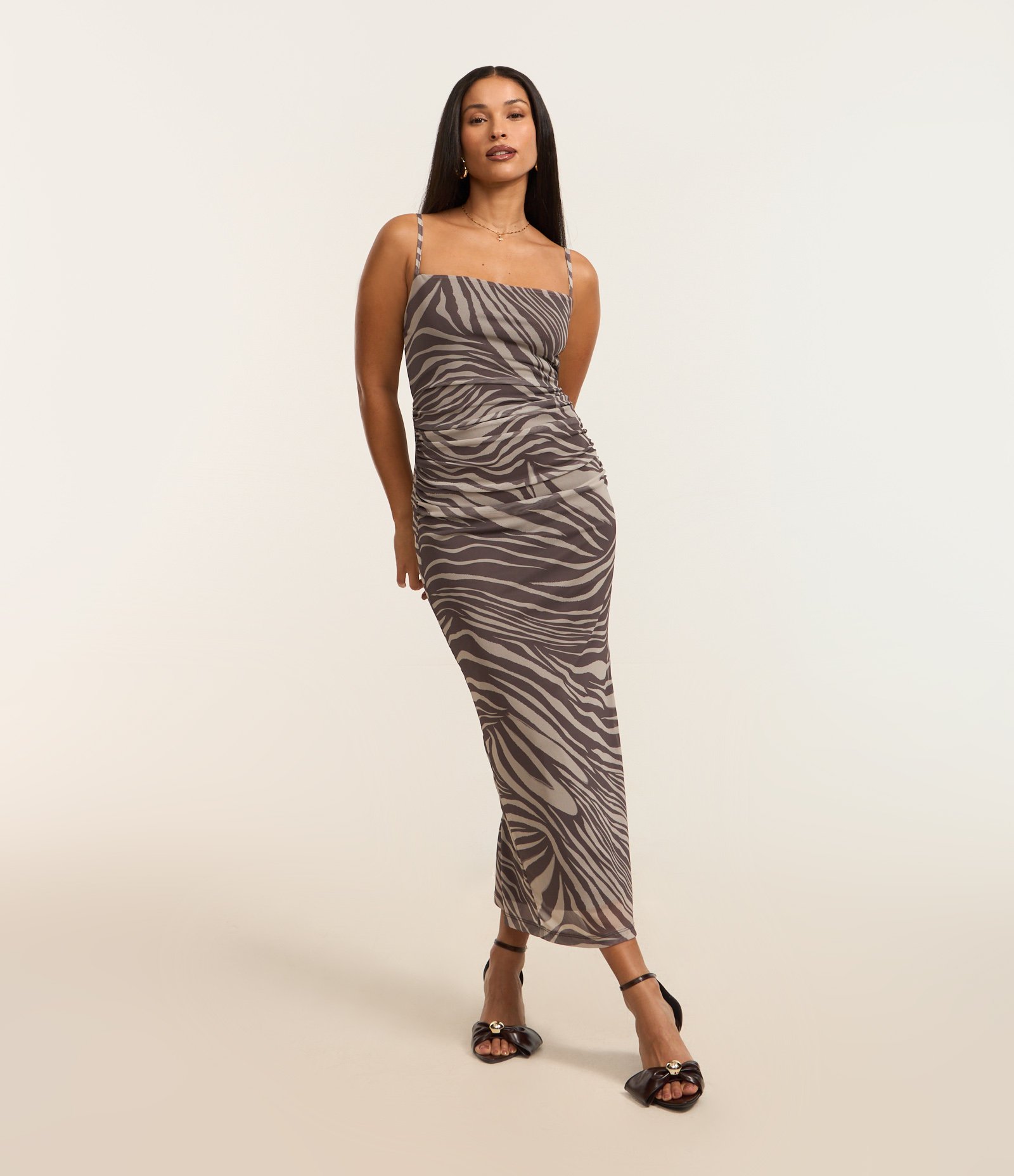 Vestido New Midi em Tule Animal Print Zebra Marrom 1
