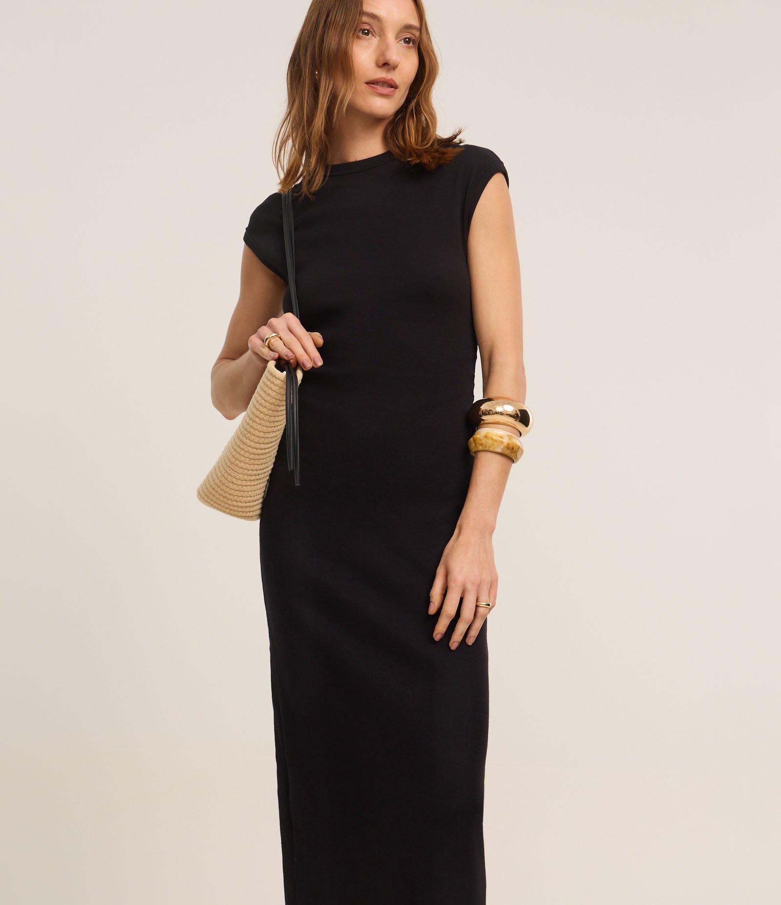 Vestido Longo Canelado em Ribana com Fenda na Barra Preto 1