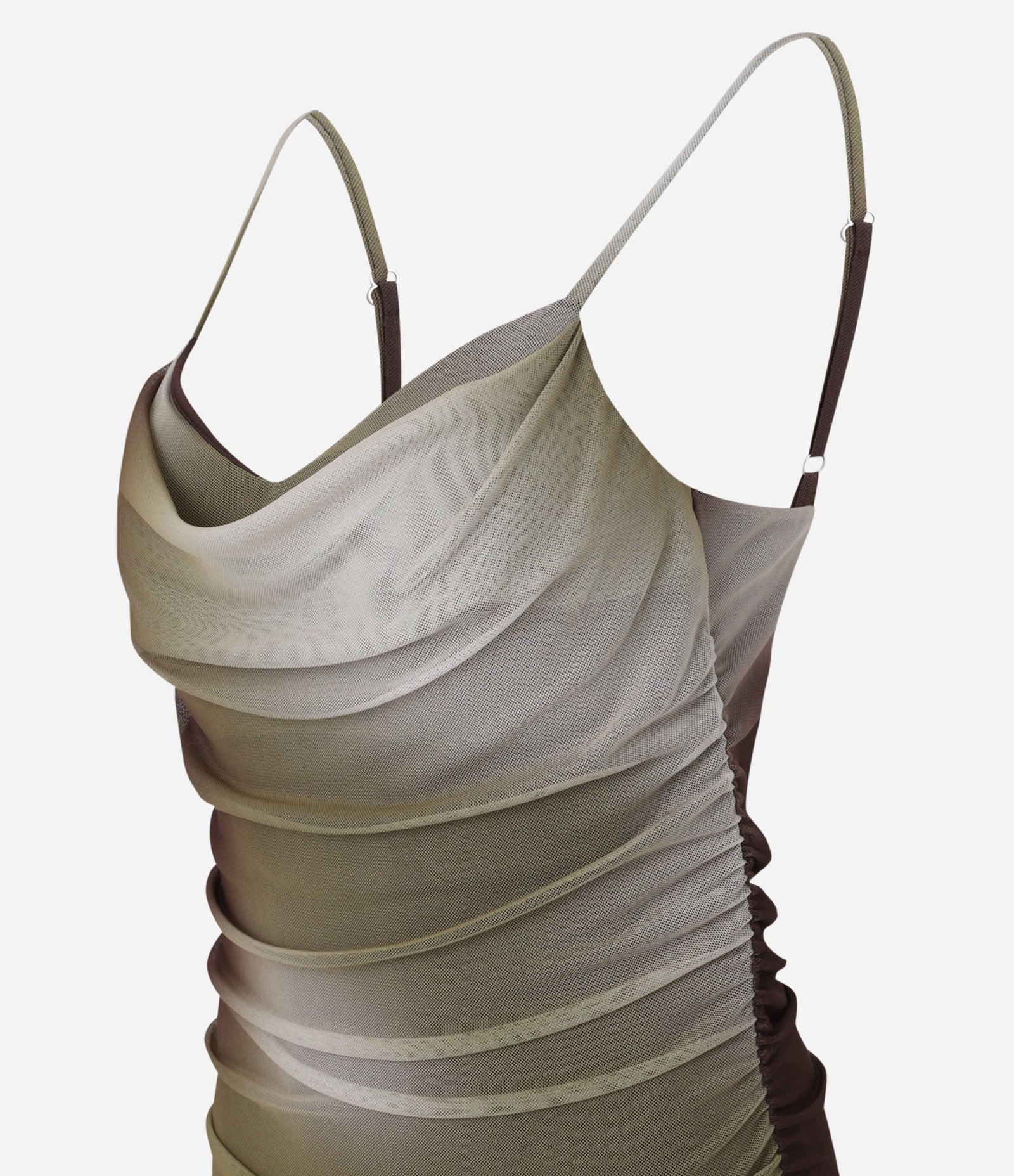 Vestido New Midi em Tule com Drapeado Lateral e Estampa Manchada Marrom 5