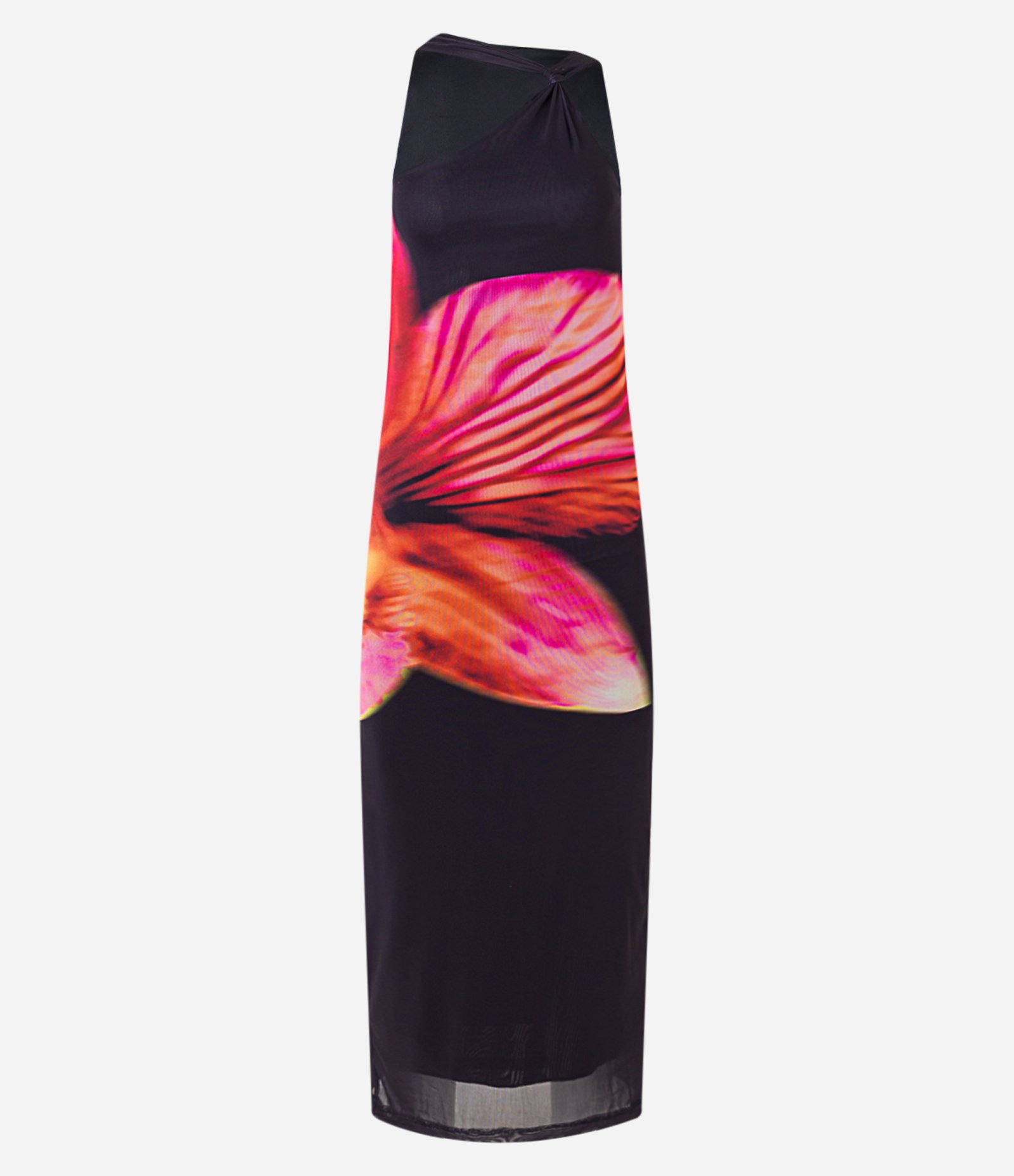 Vestido Ombro Só em Tule com Estampa de Orquídea Grande Preto 7