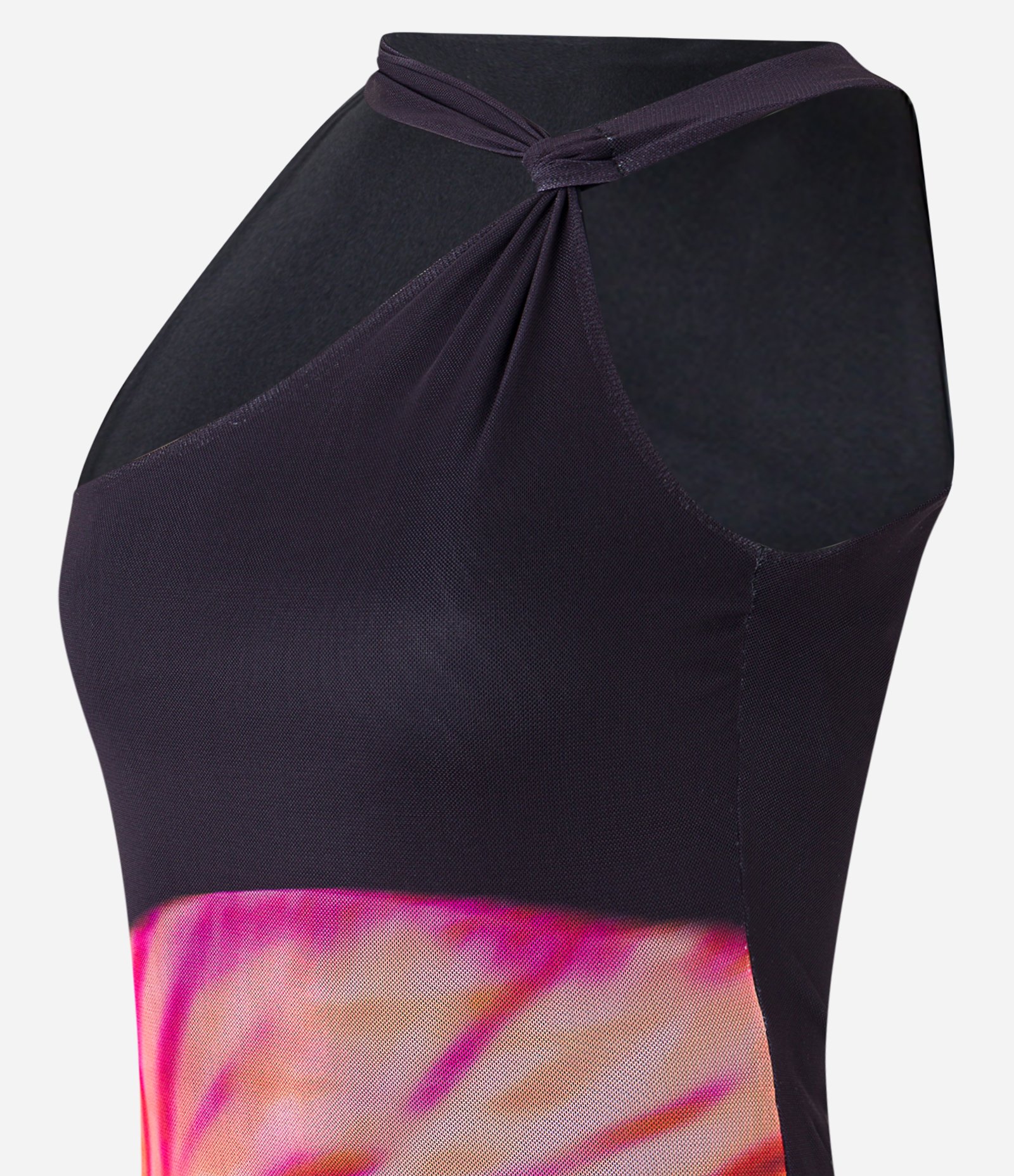 Vestido Ombro Só em Tule com Estampa de Orquídea Grande Preto 8