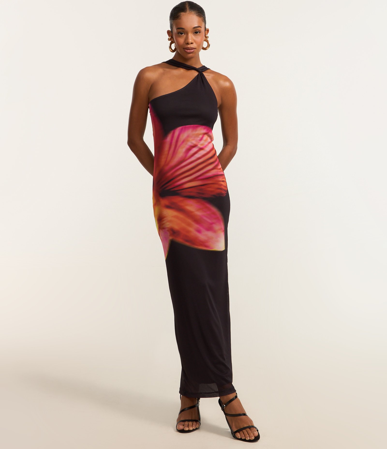 Vestido Ombro Só em Tule com Estampa de Orquídea Grande Preto 2