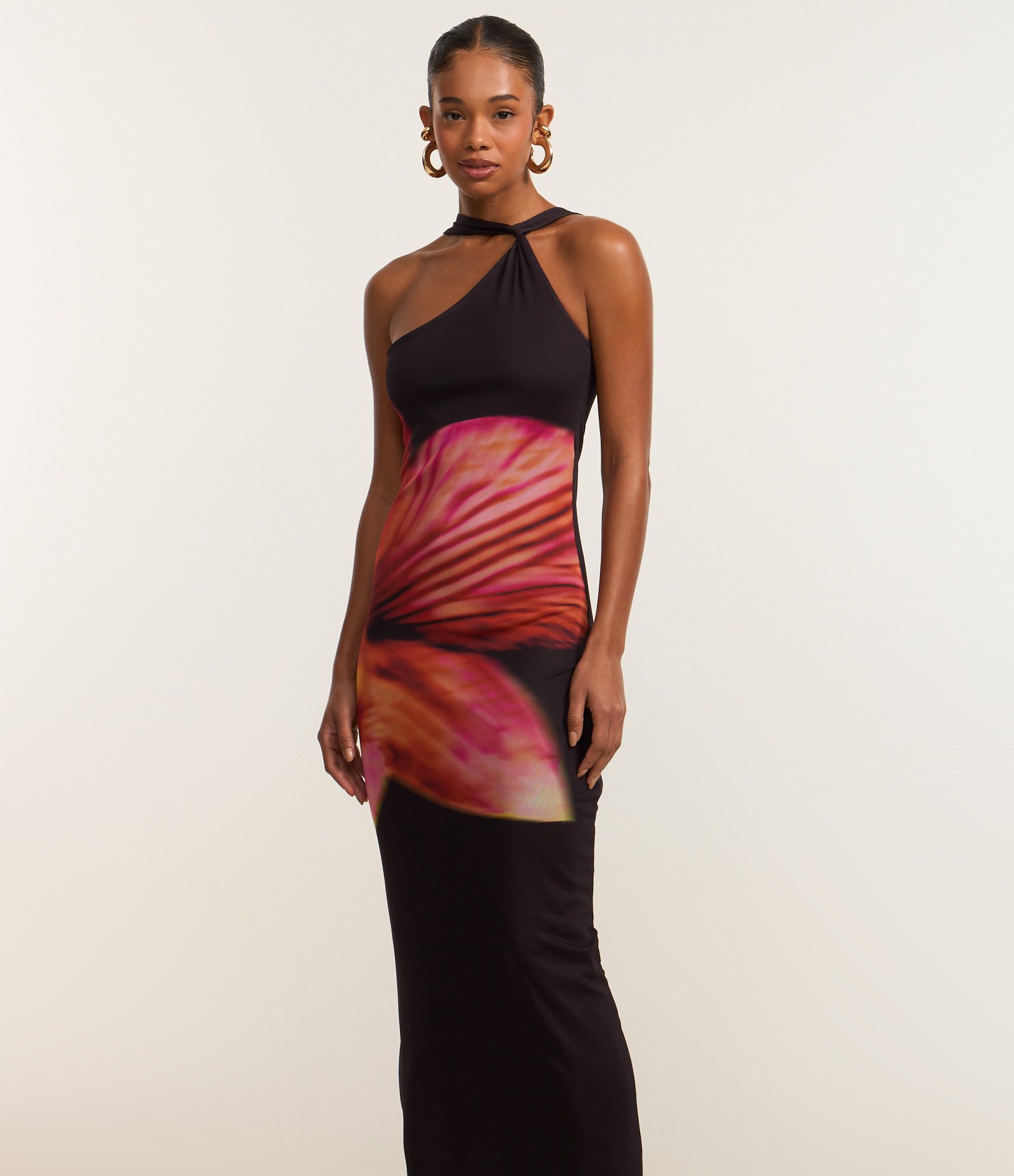 Vestido Ombro Só em Tule com Estampa de Orquídea Grande Preto 3