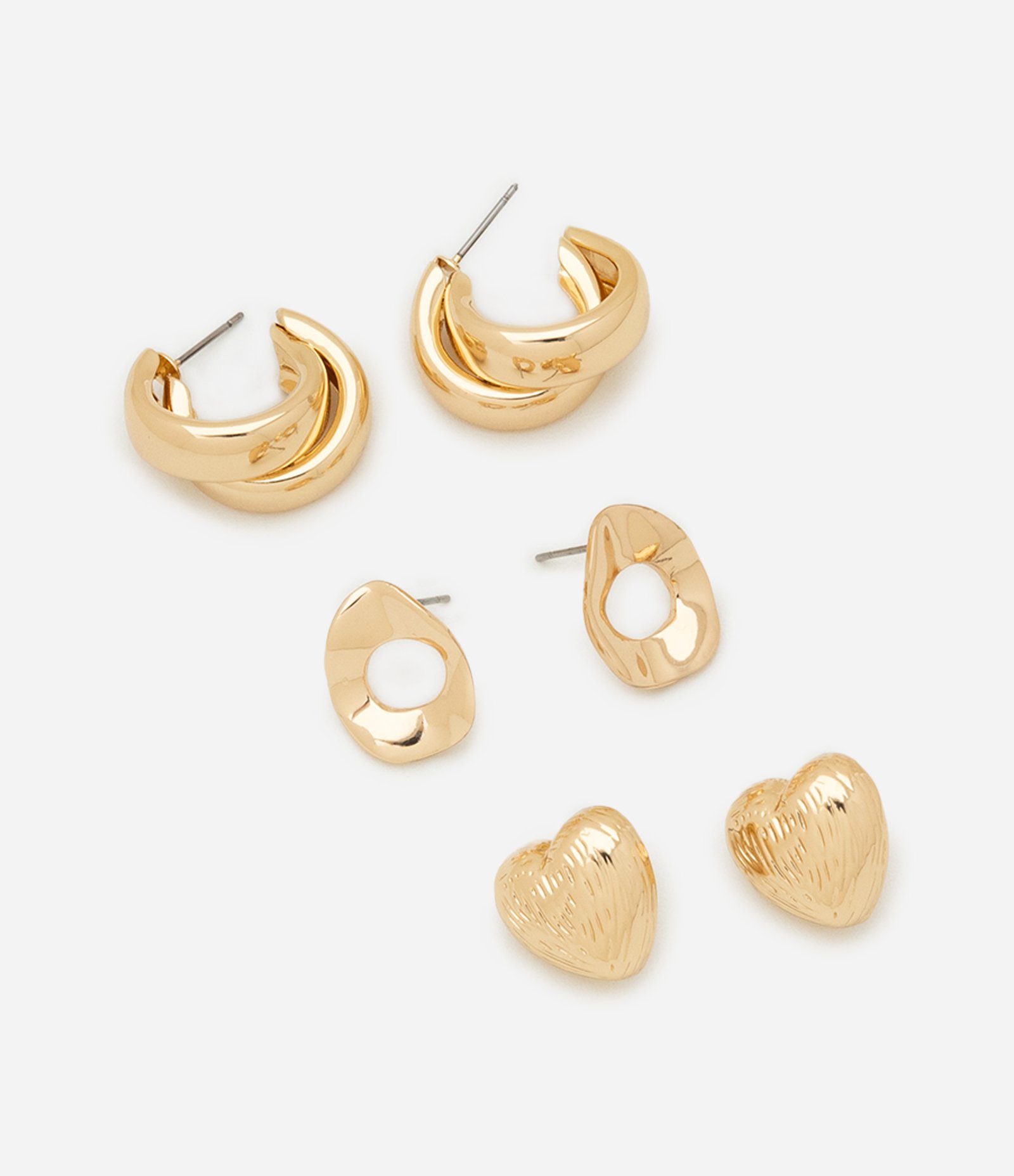 Kit 03 Argolas em Metal com Formas e Texturas Diferentes Dourado 1