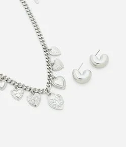 Conjunto de Colar Curto com Pingentes Corações e Brinco Argola Bold