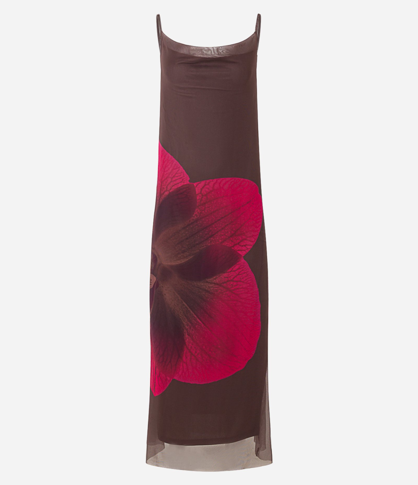 Vestido Longo em Tule com Estampa Hibisco e Decote Degagê Marrom 7