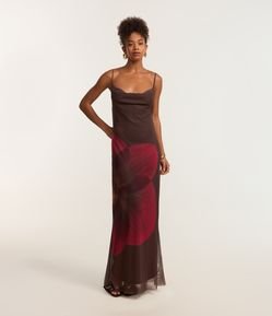 Vestido Longo em Tule com Estampa Hibisco e Decote Degagê