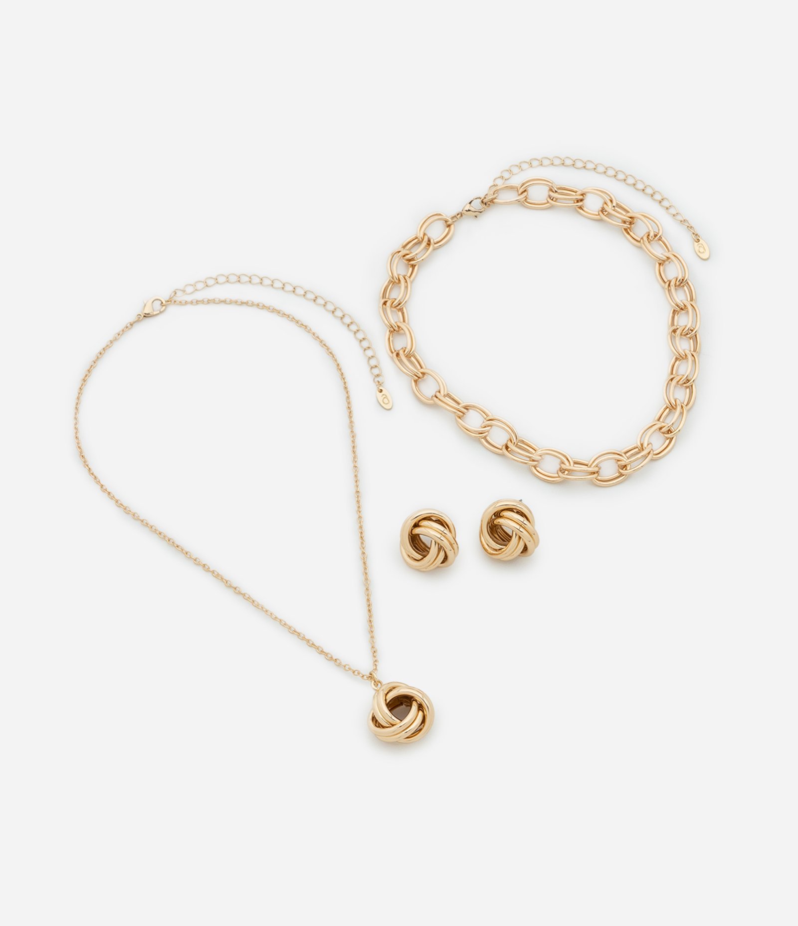 Conjunto de Colar Curto com Pingente e Brinco Botão em Nó e Correntinha Dourado 2