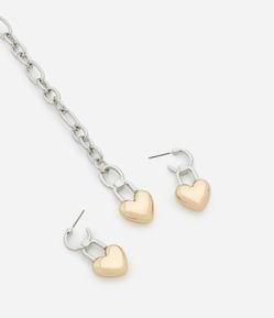 Conjunto 01 Colar e 01 Par de Brincos em Formato de Coração Banhado Dourado