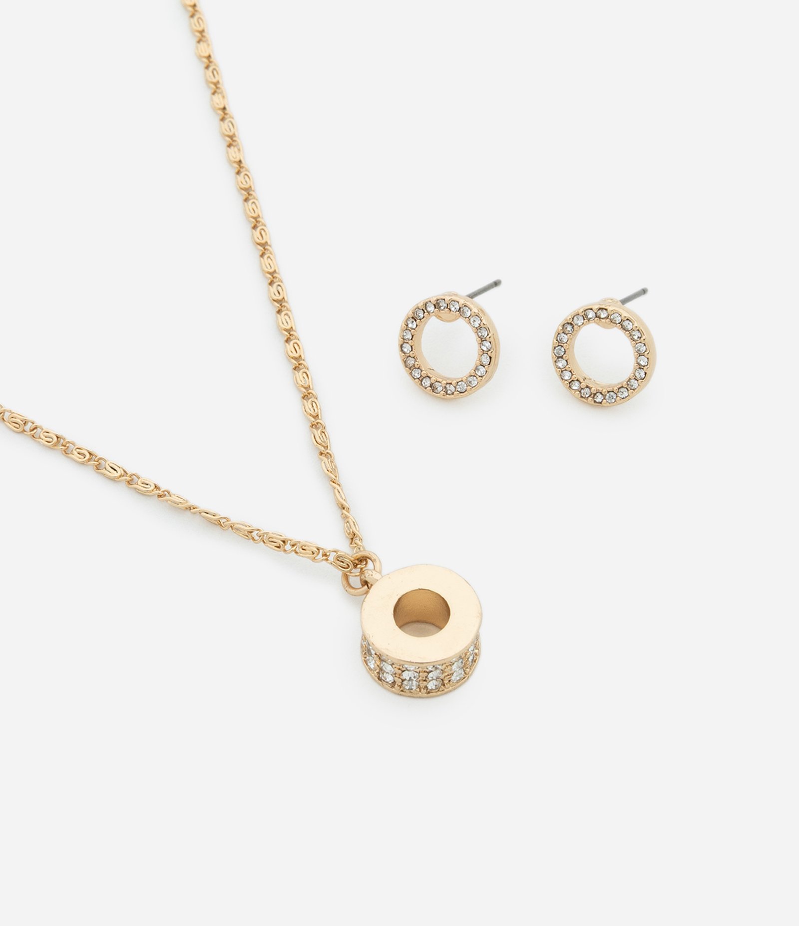 Conjunto de Colar Curto com Pingente Cravejada e Brincos Botão Cravejados Dourado 1