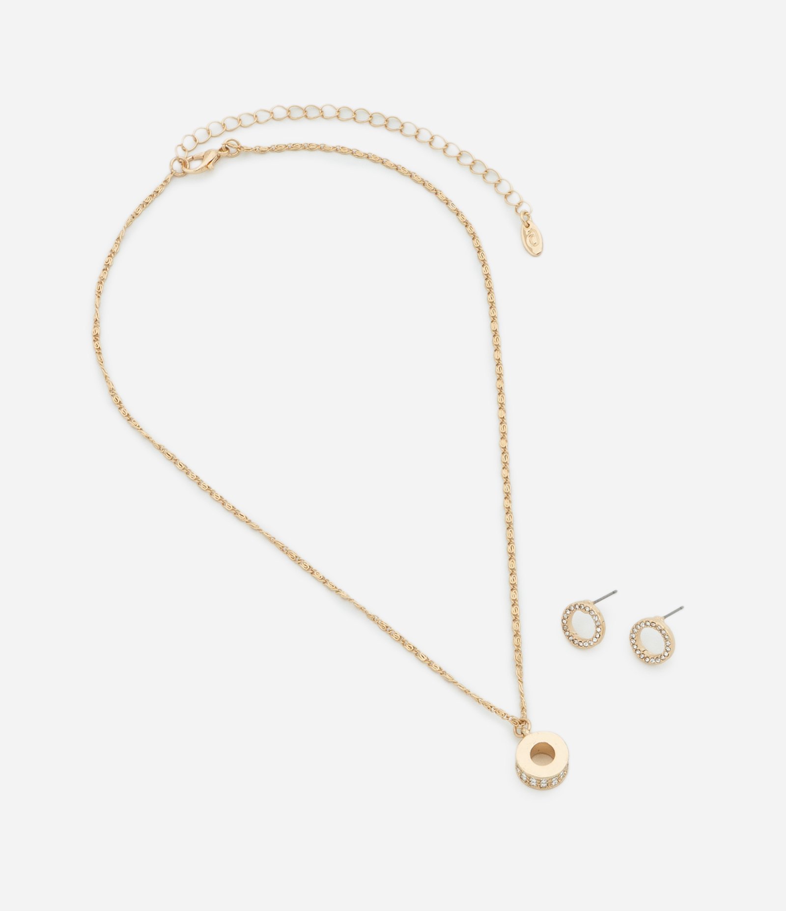 Conjunto de Colar Curto com Pingente Cravejada e Brincos Botão Cravejados Dourado 2
