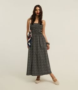 Vestido Evasê Midi em Tricoline com Lastex e Estampa Corações