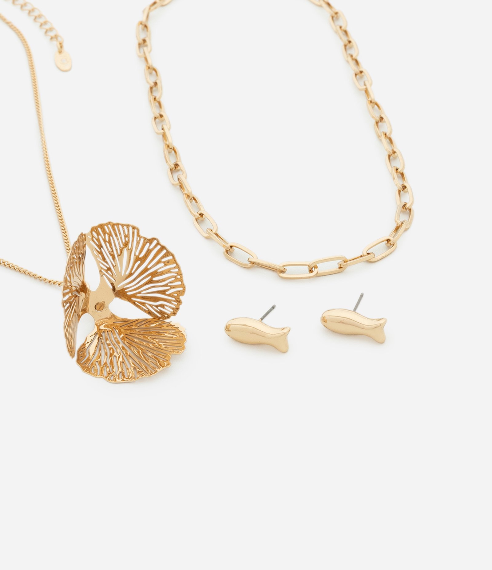 Conjunto de Colar Camadas Cauda de Peixe e Brinco Pequeno Dourado 1