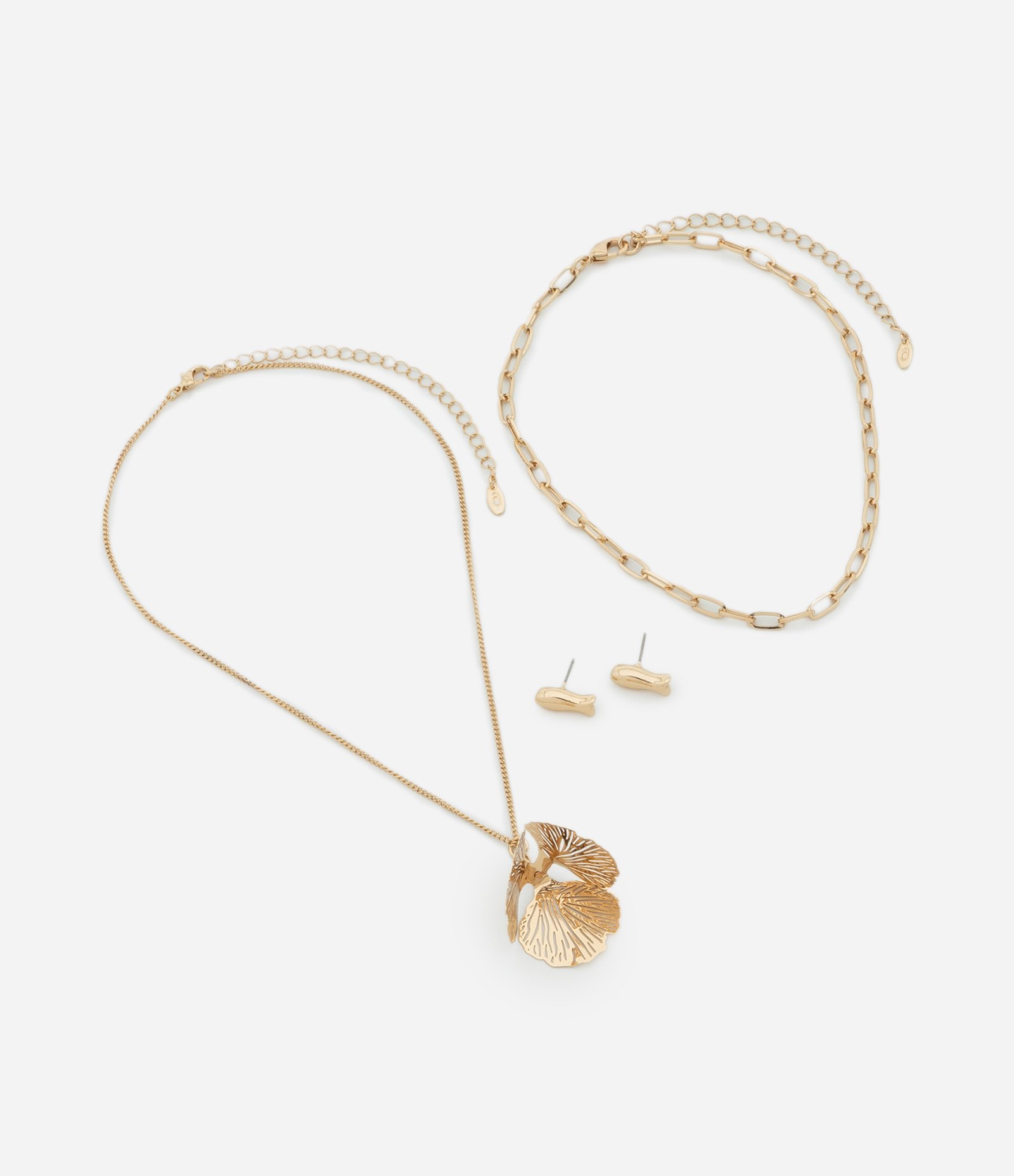 Conjunto de Colar Camadas Cauda de Peixe e Brinco Pequeno Dourado 2