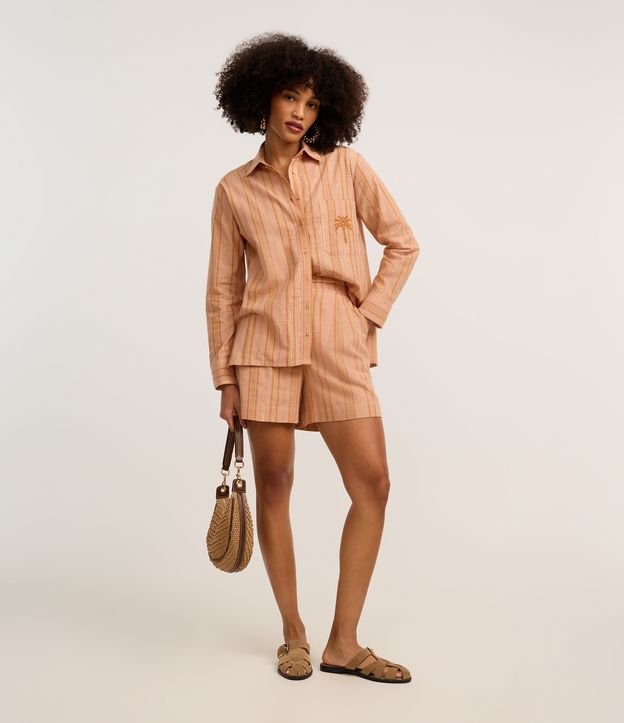 Short Listrado Cintura Alta em Algodão com Fio Metalizado