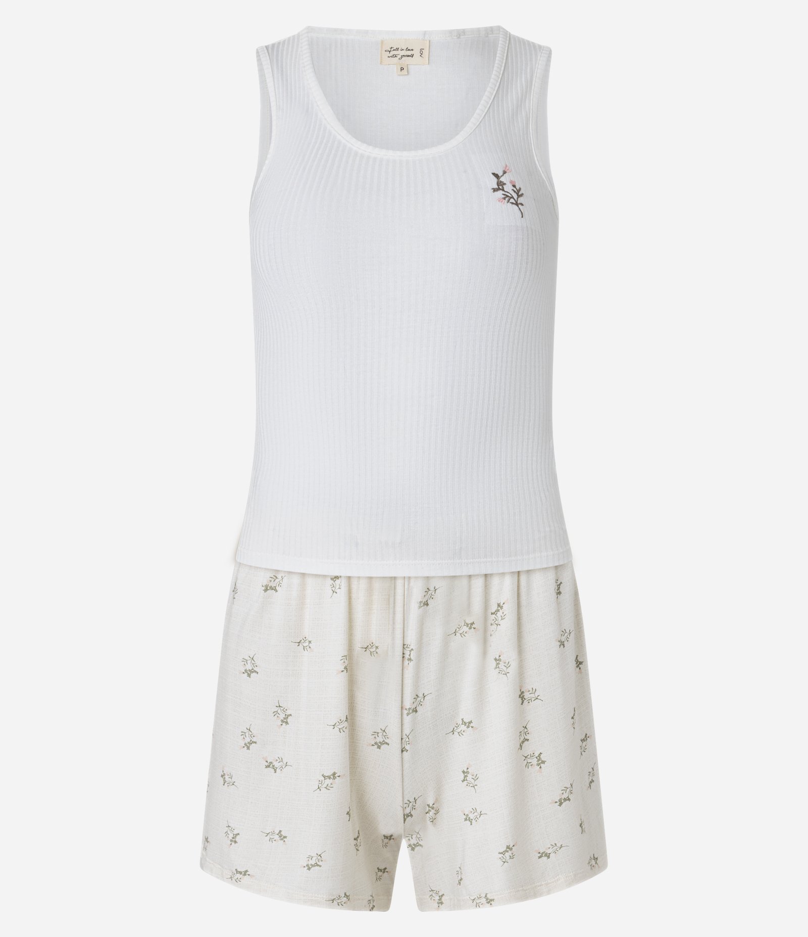Pijama Short Doll em Ribana com Bordado e Short Estampado Floral Off White 4