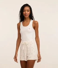 Pijama Short Doll em Ribana com Bordado e Short Estampado Floral