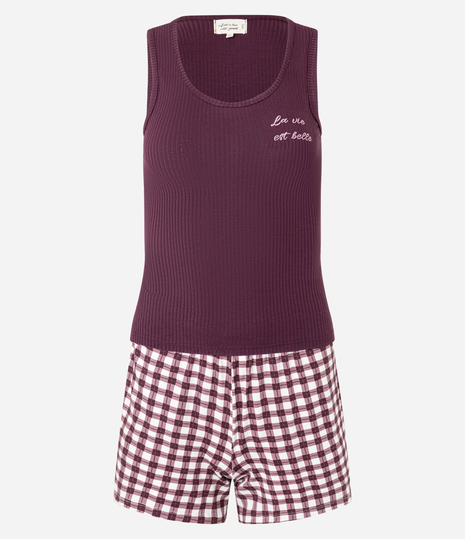 Pijama Short Doll em Ribana com Short Xadrez Vichy Vermelho 5