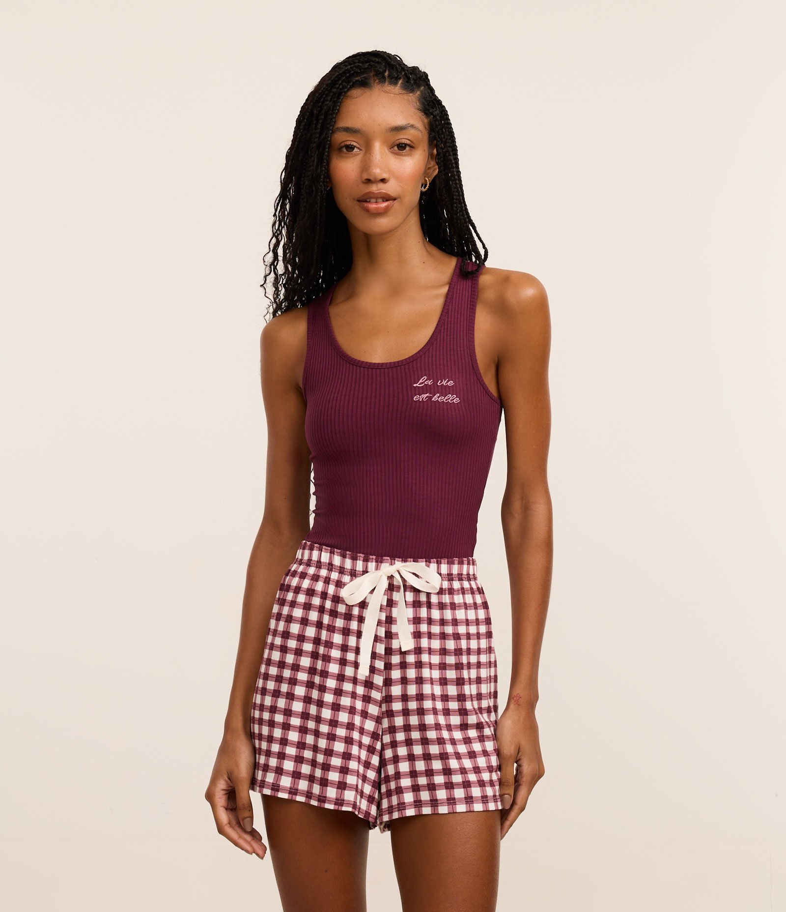 Pijama Short Doll em Ribana com Short Xadrez Vichy Vermelho 1