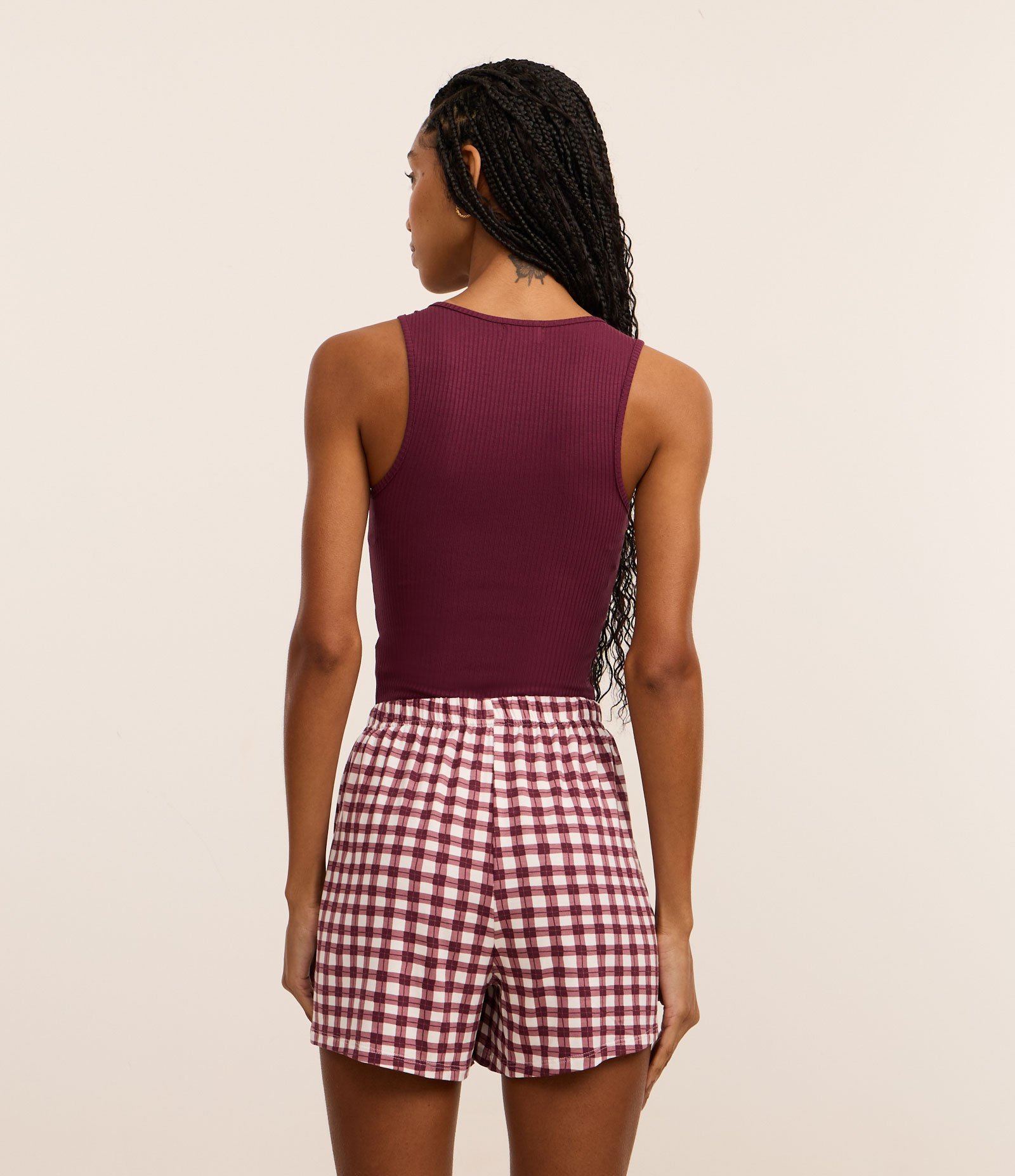 Pijama Short Doll em Ribana com Short Xadrez Vichy Vermelho 4