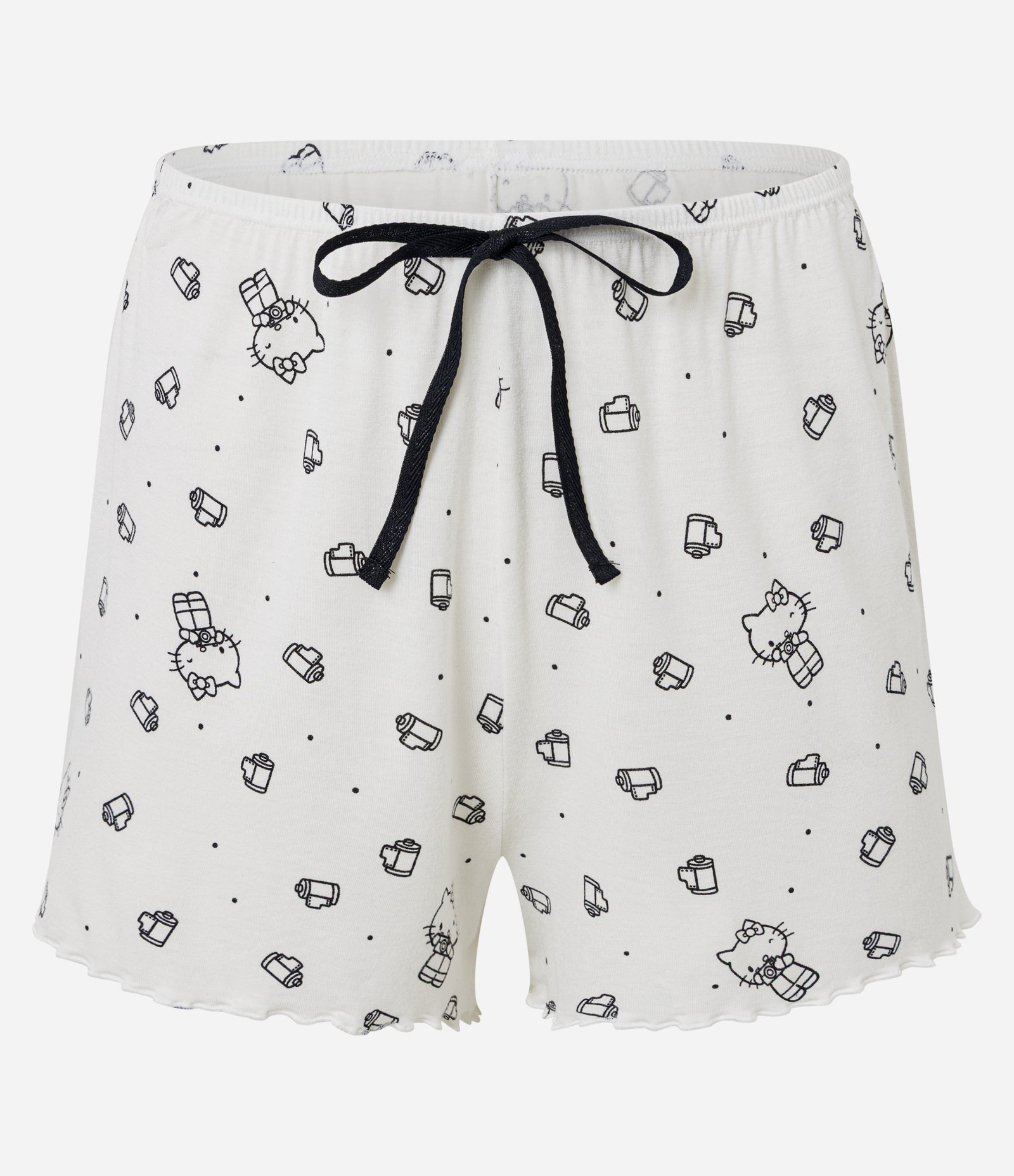 Pijama Short Doll em Ribana com Estampa e Strass Hello Kitty Preto/Branco 8