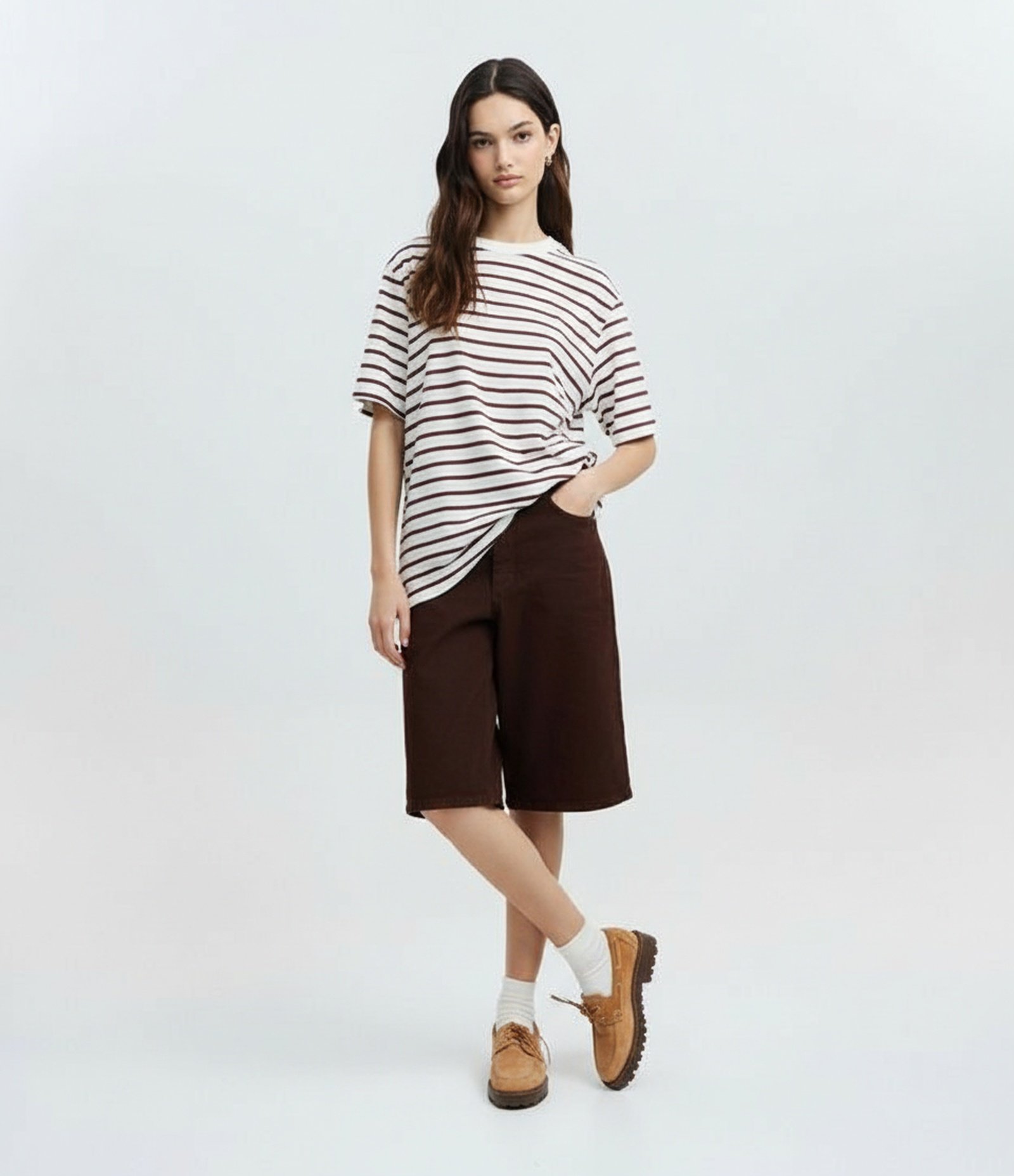 Camiseta Oversized em Algodão com Estampa Listrada Off White/Marrom 4