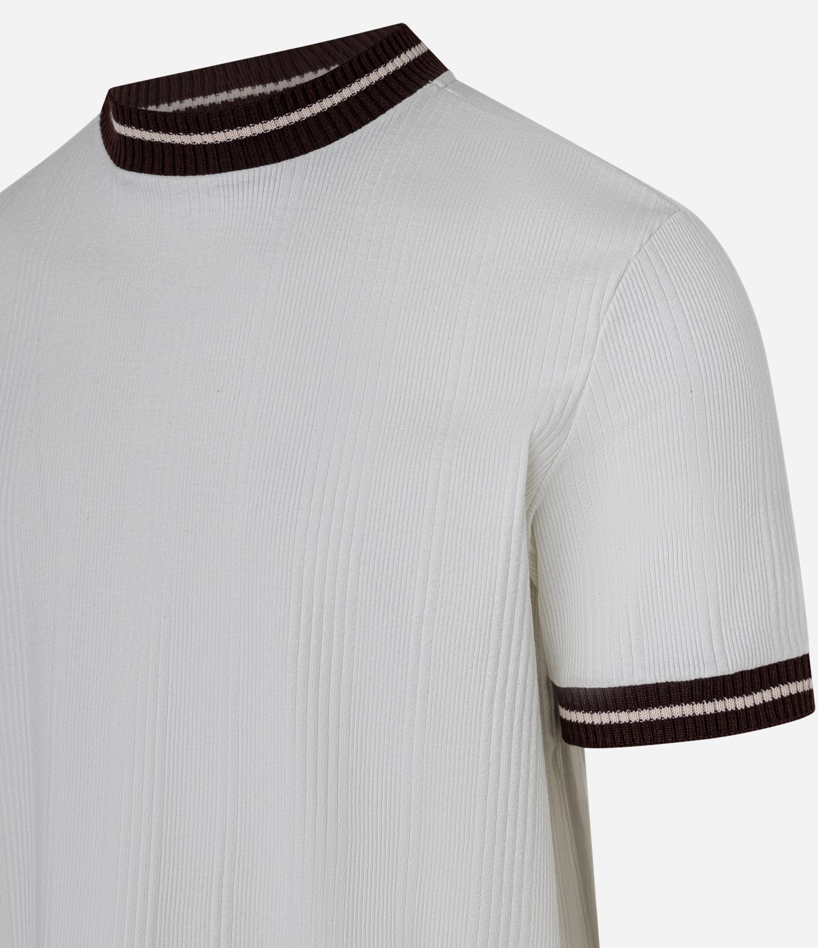 Camiseta em Algodão com Viés em Ribana Contrastante e Textura Vertical Branco 6