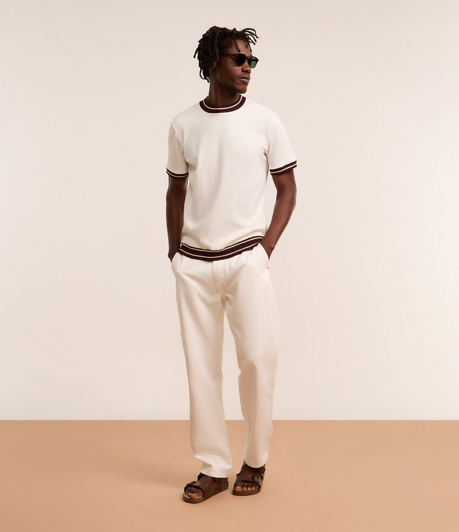 Camiseta em Algodão com Viés em Ribana Contrastante e Textura Vertical Branco 2