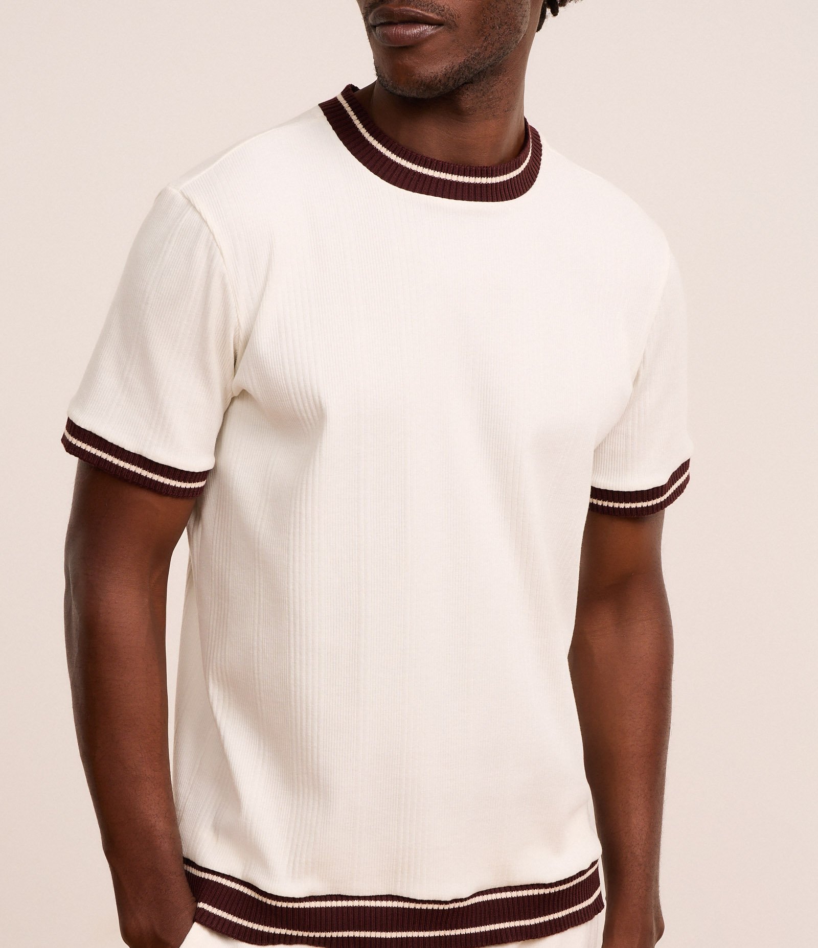 Camiseta em Algodão com Viés em Ribana Contrastante e Textura Vertical Branco 3