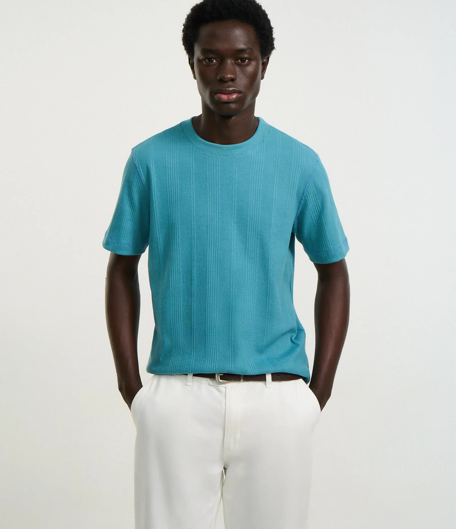 Camiseta Regular em Algodão com Textura Vertical Azul 1